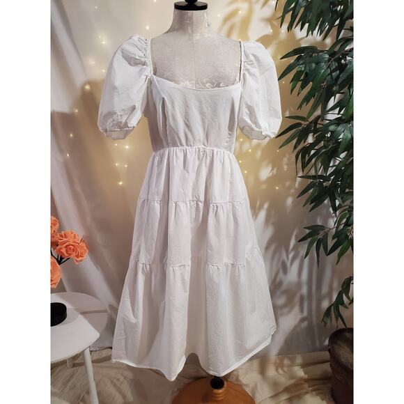 Bardot Tiered Puff Sleeve Open Bow Tie Back Midi Dress Size 6 Small White Cotton - Picture 1 of 11